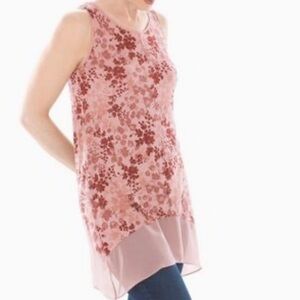 Sleeveless Pink & Red Floral Sheer Trim Tunic Sleeveless Top